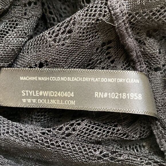 Dolls Kill Brand Black Sheer Lace Ruffle Top w Open Button Details Bell Sleeves - Picture 6 of 6